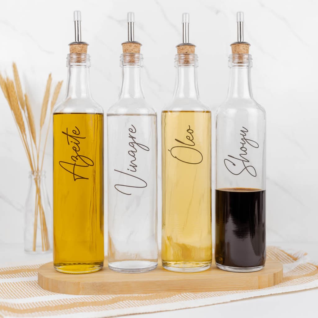 Galheteiros de Vidro 525ml com Bico Dosador Cortiça para Azeite, Vinagre, Óleo, Shoyu e Pimenta / Variações e Kit