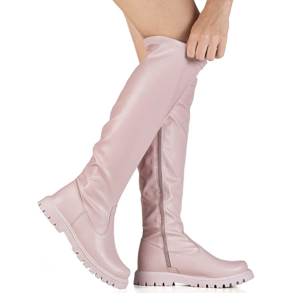 Bota Feminina Infantil Menina Over The Knee Sola Tratorada Bico Redondo Stretch Calce Fácil Confortável Elegante Moda