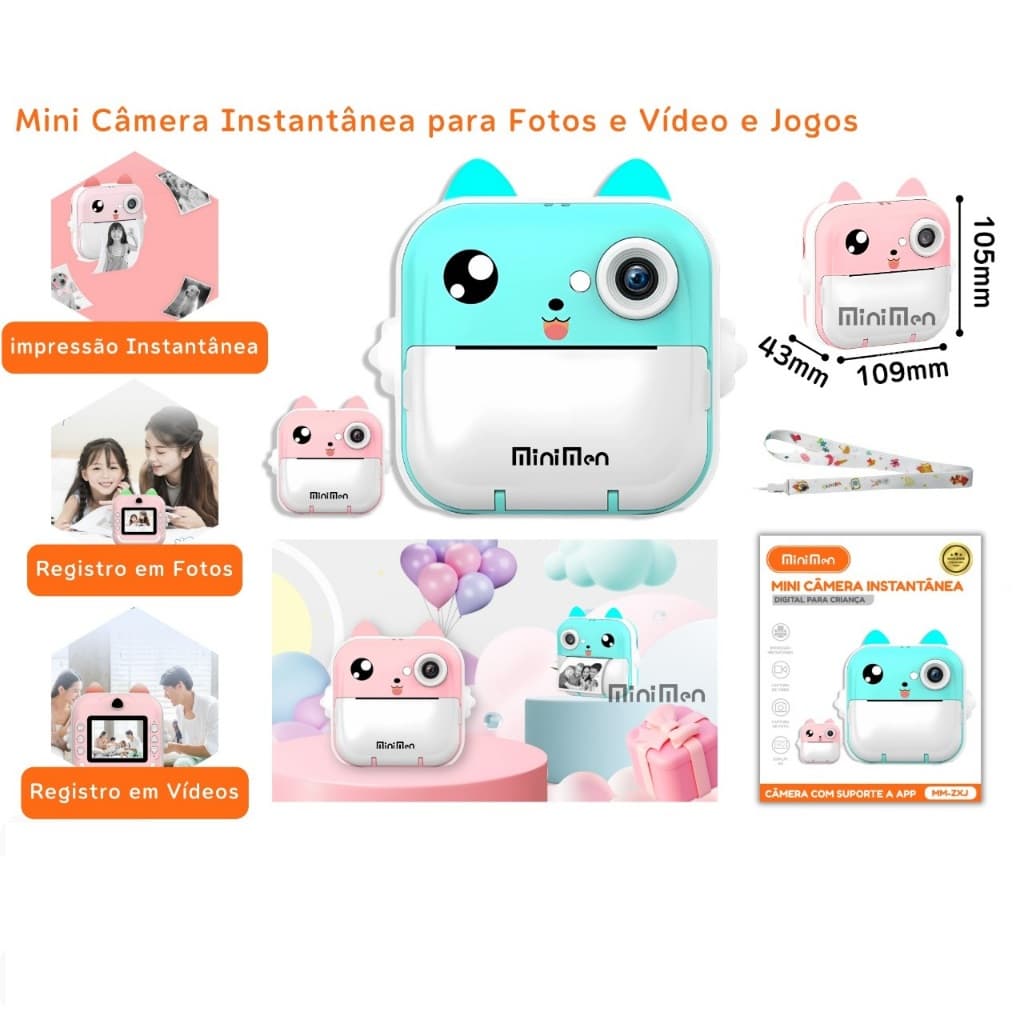 Câmera Infantil de Impressão Instantânea ZXJ – Foto, Vídeo e Impressão Térmica Digital | Versões com e sem App