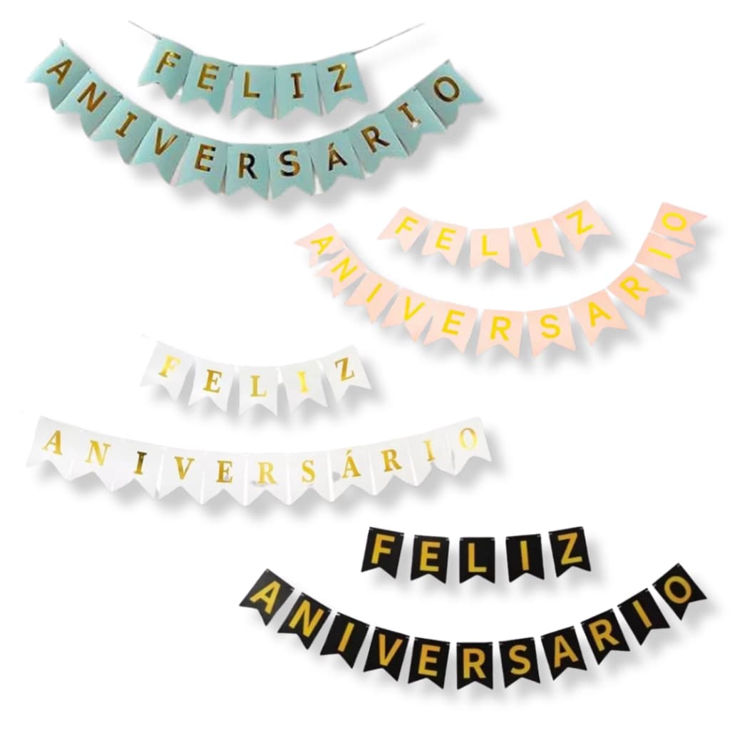 Faixa Parede Feliz Aniversário Bandeirinha Varal Escrita Dourada Metalizada Festa com 2 Metros