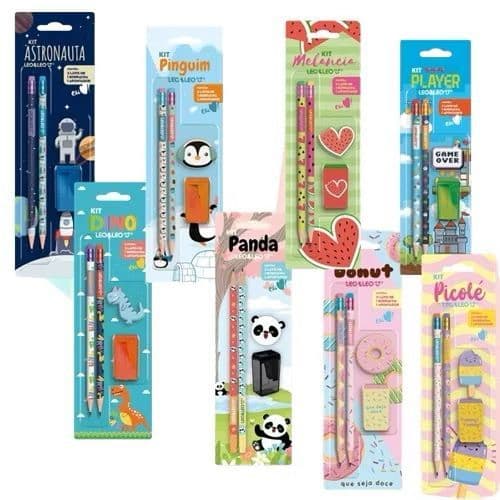 Kit Escolar Lapis Apontador Borracha Pets Donuts Astronauta Picolé Game Dino Leo&Leo