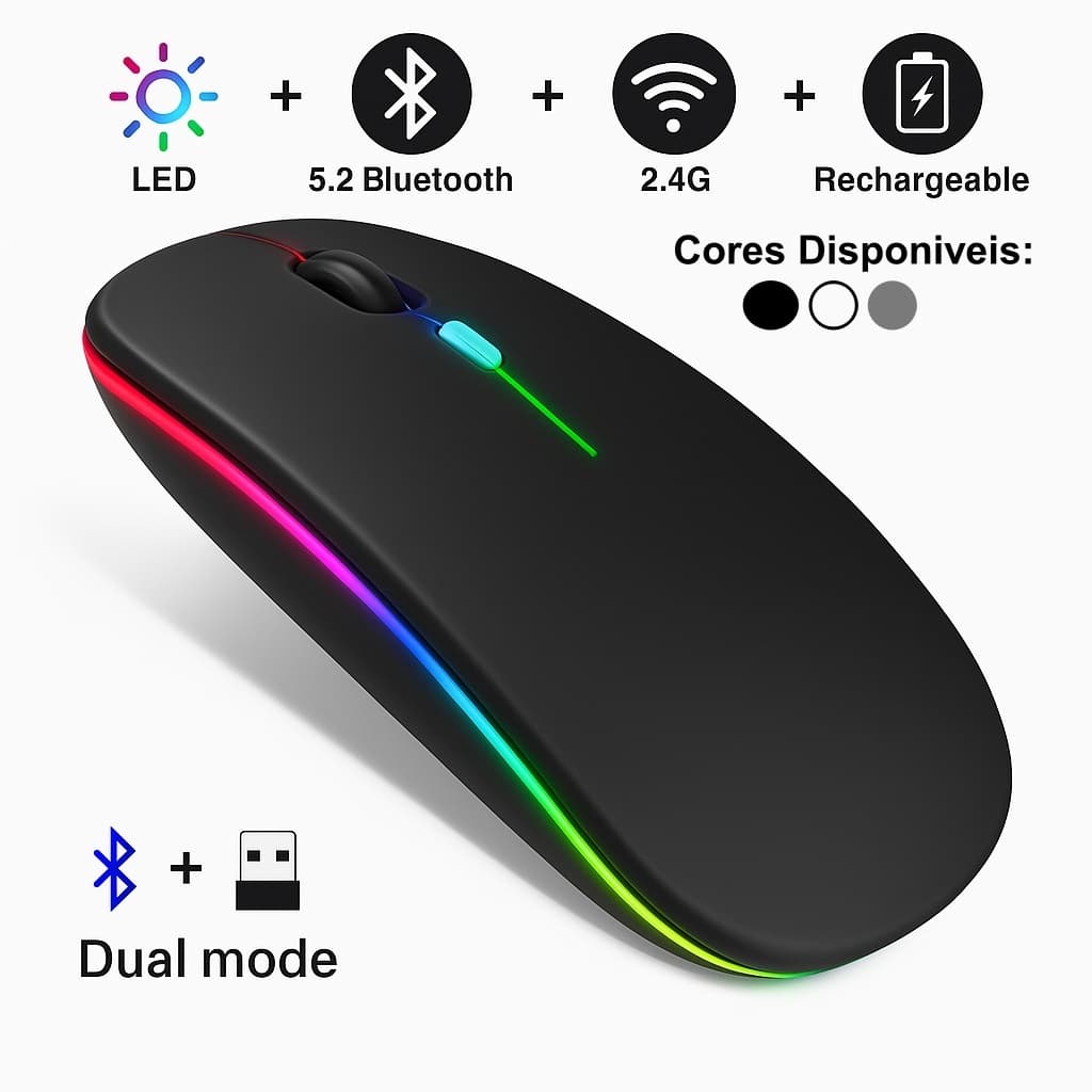Mouse Sem Fio Recarregável com LED RGB: Conforto e Eficiência para seu Home Office