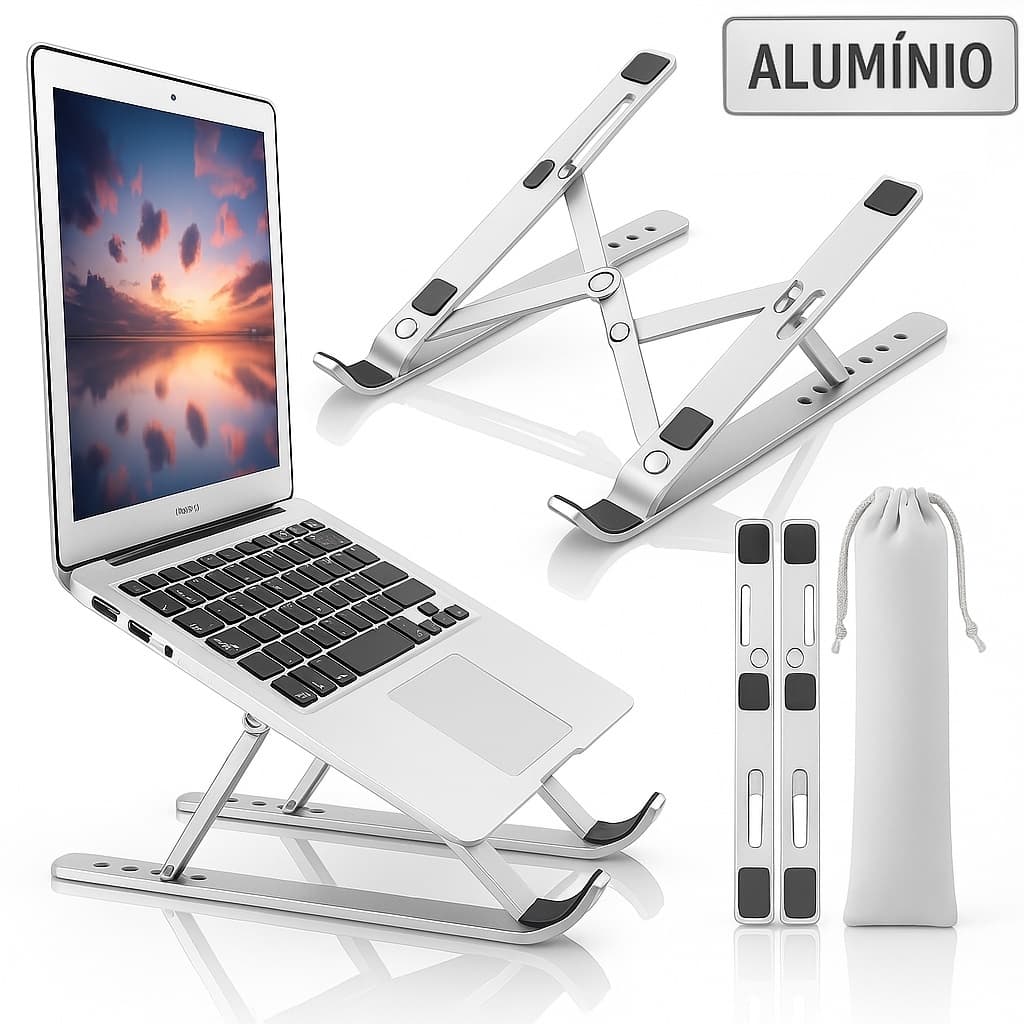 Suporte Para Notebook Base Dobrável de Alumínio Ergonômico Ajustável Fino Portátil Com Estojo