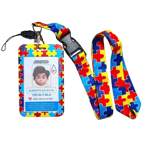 Kit Cordão Autismo com Porta Crachá Identificação Autista Personalizado
