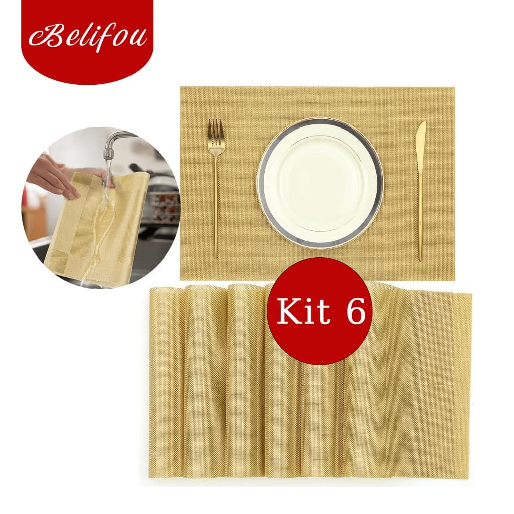 Belifou Kit 6 Mesa Jogos Americanos E Descanso PVC Retangular Dourados - Matio