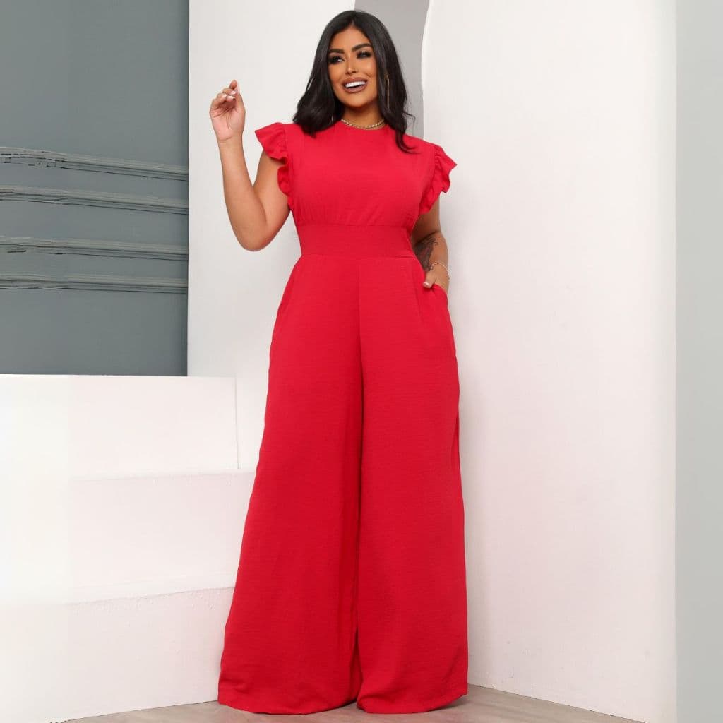 Macacão Feminino Alfaiataria Manga Curta Gola Redonda Festa Elegante Plus Size Slim