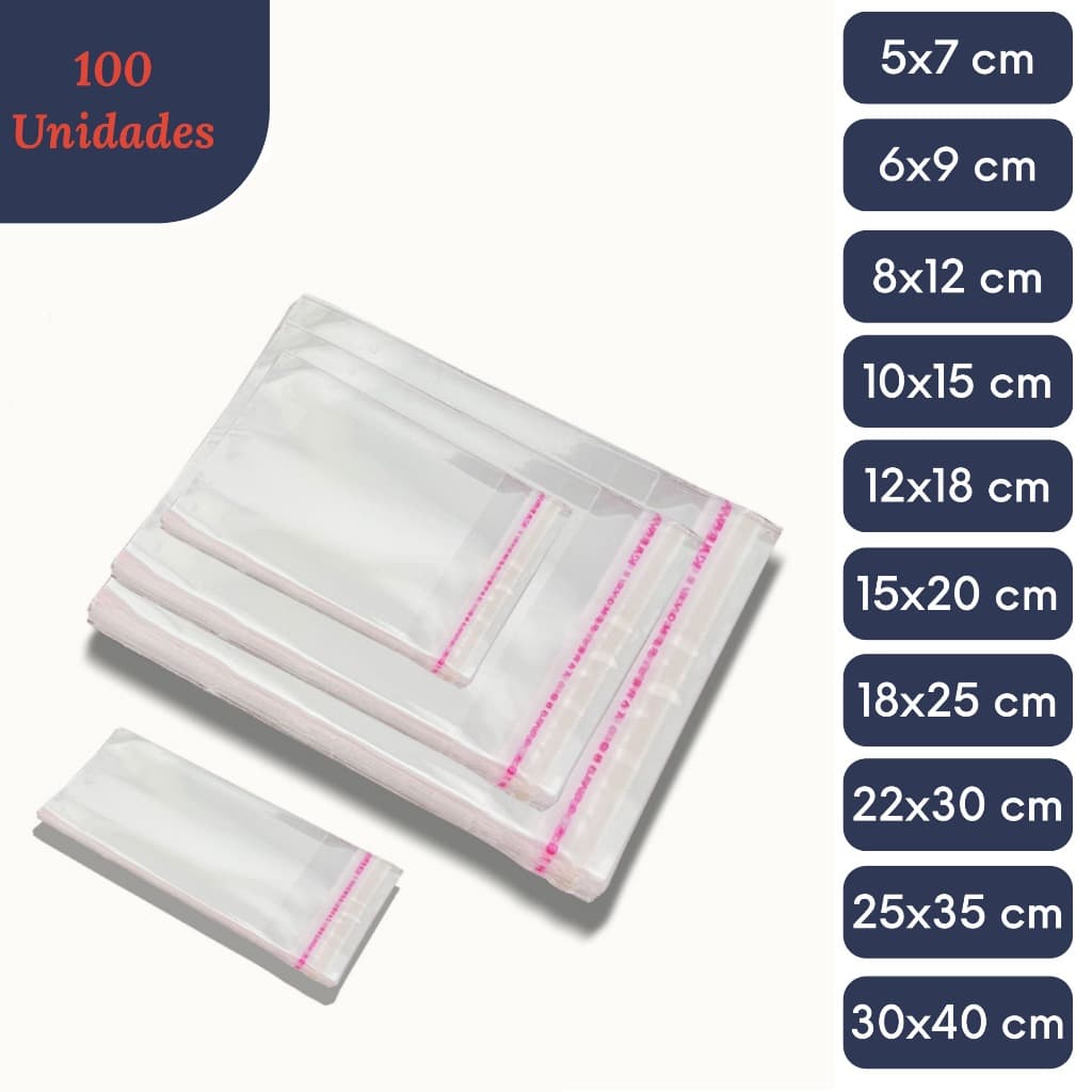 kit 100 Saco Adesivado Saquinho Transparente Plástico 5x7/6x9/7x12/10x15/12x18/15x20/18x25 sem furo