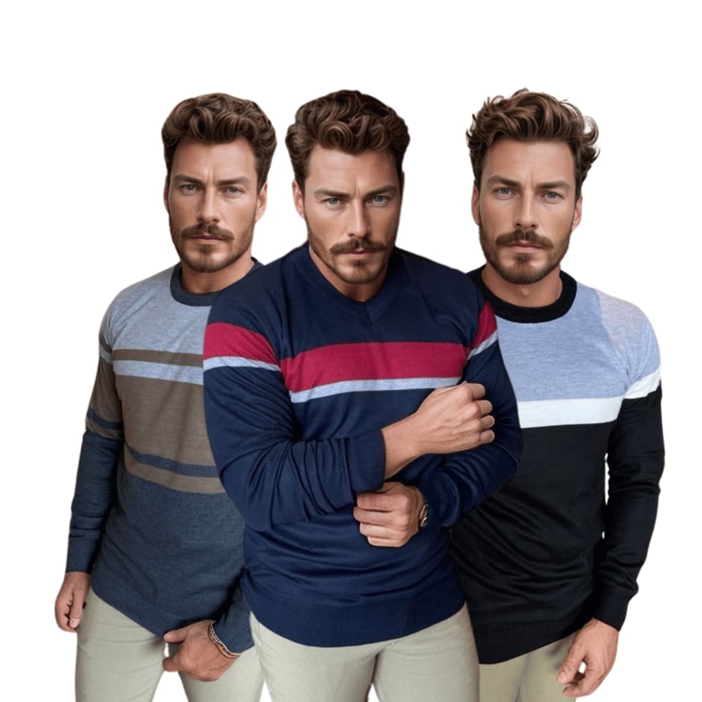 Kit 3 Suéter Tricot Masculino Listrado Blusa de Frio Quentinha