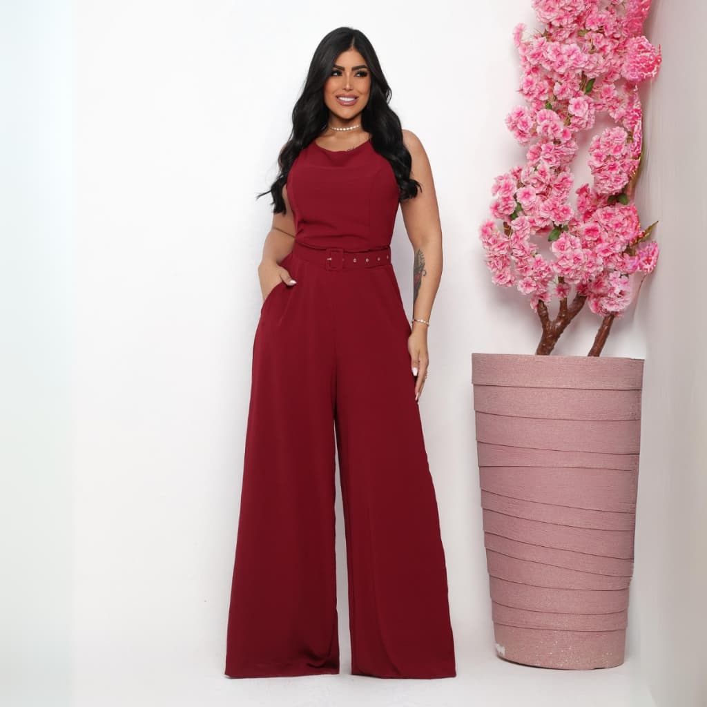 Macacão Feminino Social Elegante Festa Regata Pantalona Longo Cinto Alfaiataria Tecido Duna