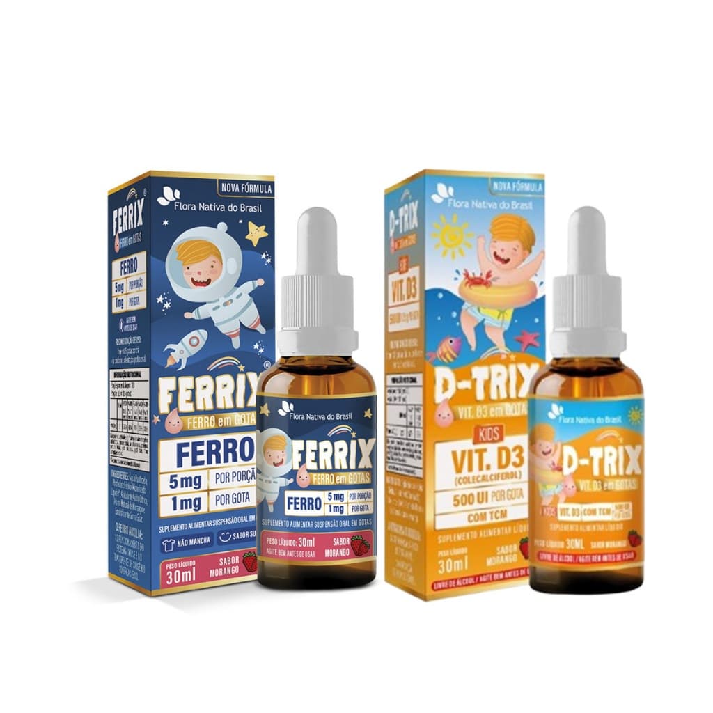 Kit D-trix Vitamina D3 Gotas 30ml - Morango + Vitamina Ferrix Gotas 30ml - Morango