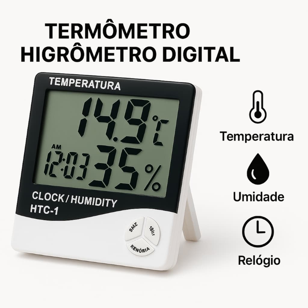 Termo Higrometro Digital Com Máxima e Mínima Medidor De Temperatura e Umidade Com Relógio e Alarme