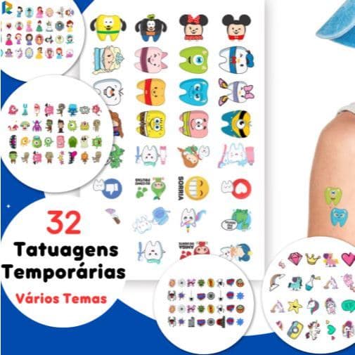 32/64/160 Tatuagem Temporária Infantil - Odontopediatria Princesa/unicornio/Herois/ Menino/Menina