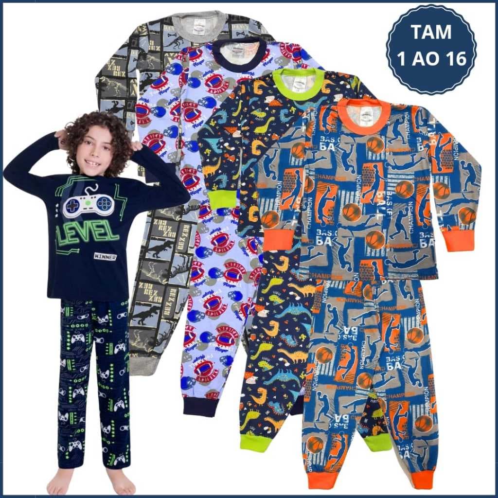 Kit 6 Peças Pijama Infantil Inverno Menino 3 Camiseta Manga 3 Calça Masculino em  Algodão 1 ao 16