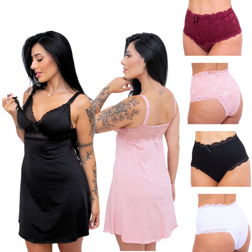 Kit 2 camisolas para amamentação + 4 calcinhas pós parto cós alto forro algodão lactantes