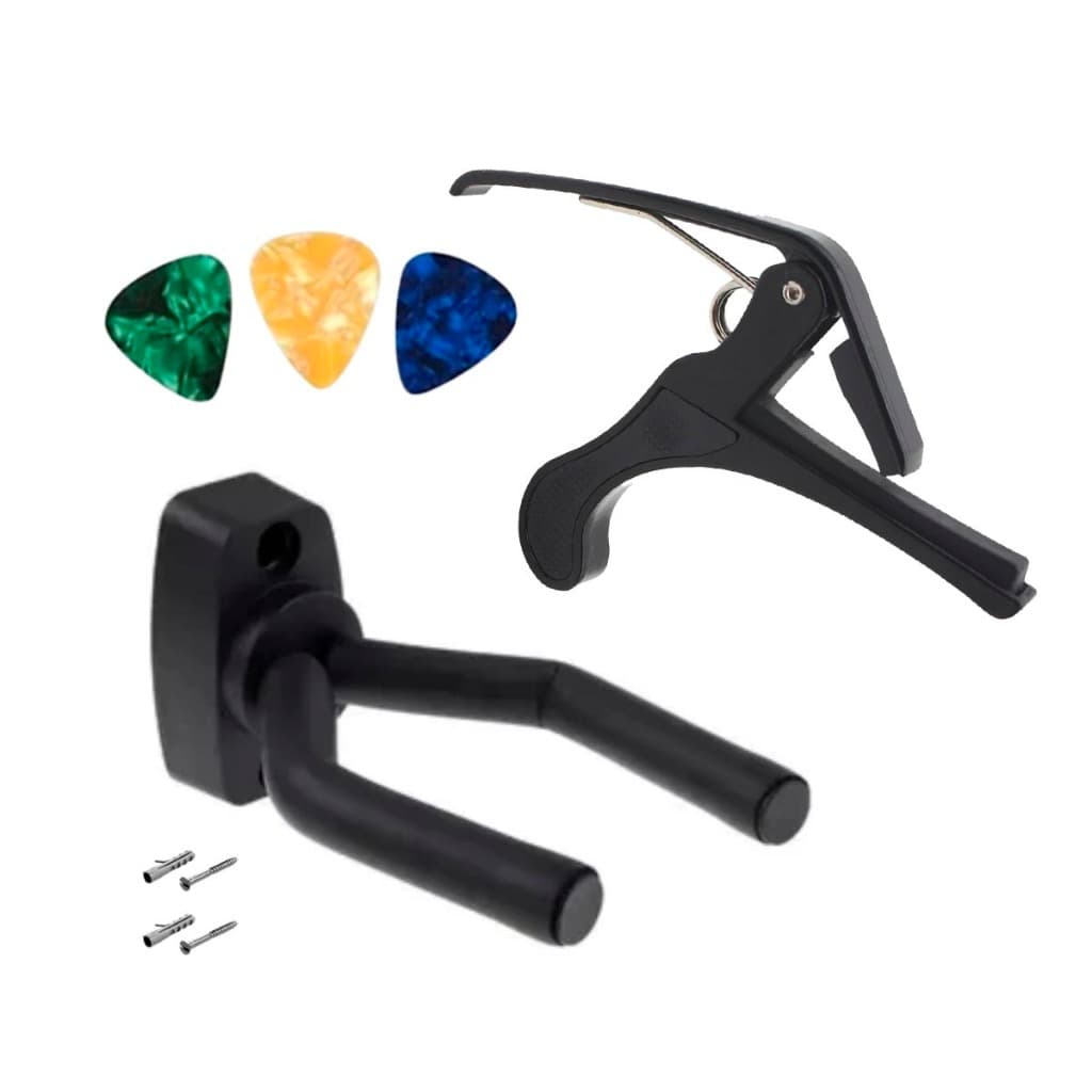 Suporte Parede Emborrachado Instrumentos Violão Ukulele + 3 Palhetas+ Capotraste Preto VL