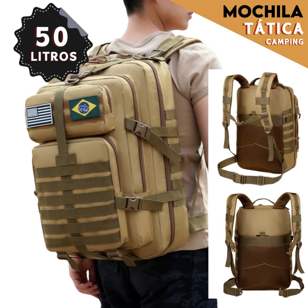 Mochila Tática Militar 50L Impermeável Super Reforçada Camping Trilha Viagem Resistente Grande