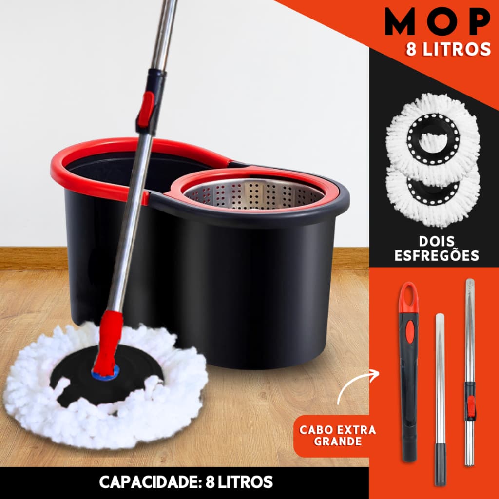 Mop Com Cabo de 140 cm 2 Refis Cesto Em Inox Balde Centrífuga 8 Litros  - AV