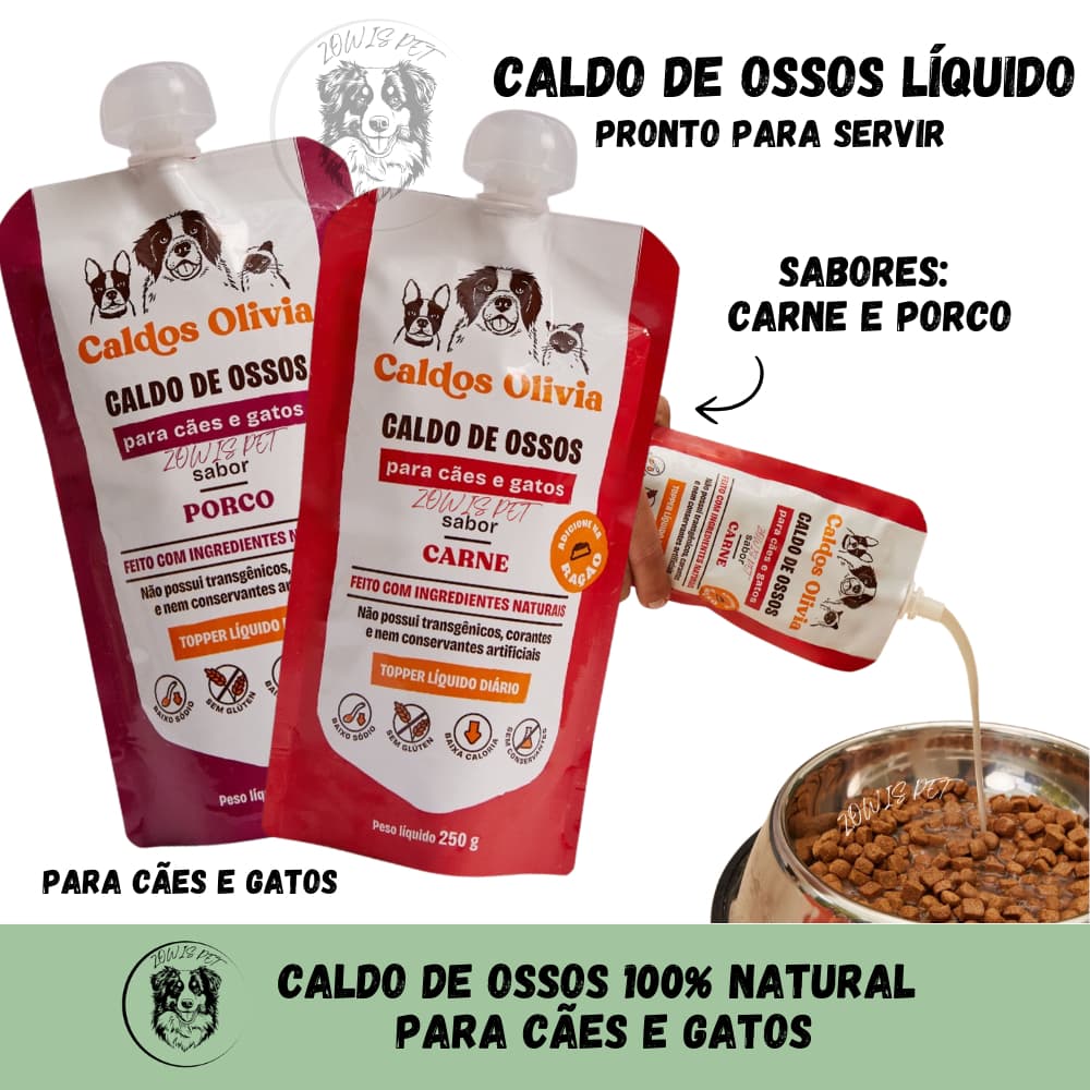 Caldo De Ossos Liquido de Carne Bovino e Porco Suíno Para Cães e Gatos 250g Pronto para Servir - Caldos Olivia