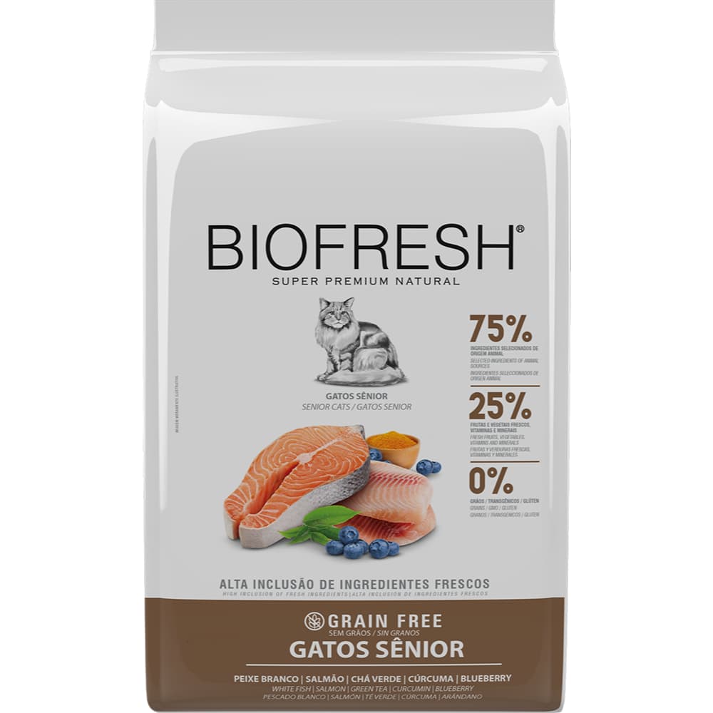 Ração Biofresh 7,5Kg Gatos Senior Sabor Peixe Branco, Salmão, Chá Verde, Cúrcuma e Blueberry
