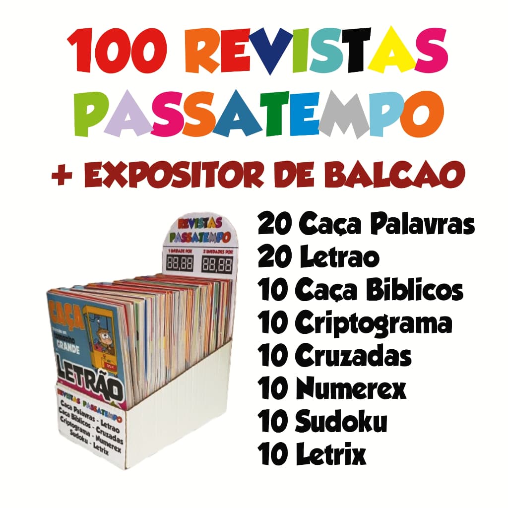 Kit com 100 Revistas Passatempo Sortidas + Expositor de Balcão com Marca Preço
