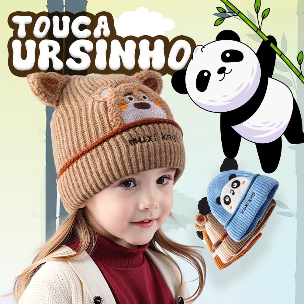 Touca Infantil Gorro Forrada Pompom Com Estampa Urso Quentinha Forrada Frio Moda Outono Inverno Para 2 a 4 anos FMZ0425A