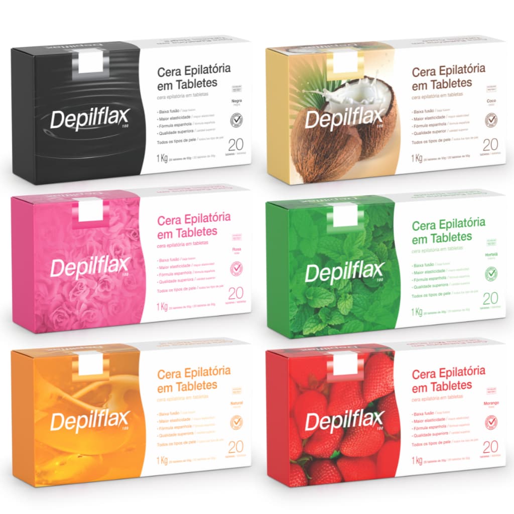 Depilflax Cera Quente Depilatória 1Kg 20 Unidades Fragrância Natural Coco Negra Hortelã Rosa Morango