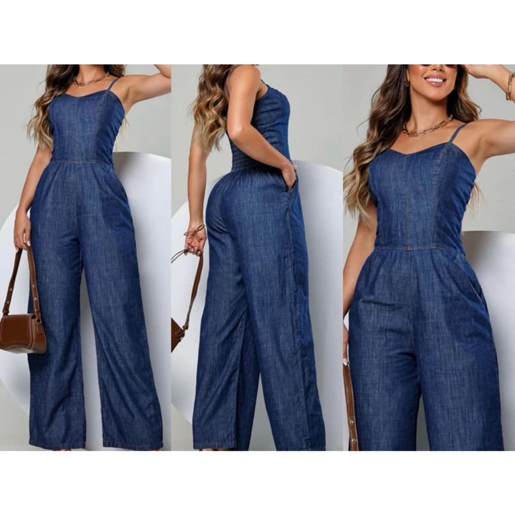 Macacão Feminino Jeans Pantalona Alça Regulável e Lastex Nas Costas  perna largo envio imediato