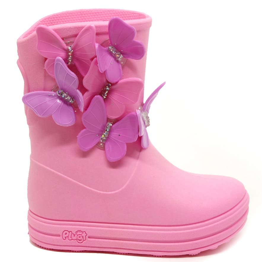 Galocha Infantil Feminina Plugt Borboletas Acqua Drops Rosa Chiclete Impermeável Antiderrapante