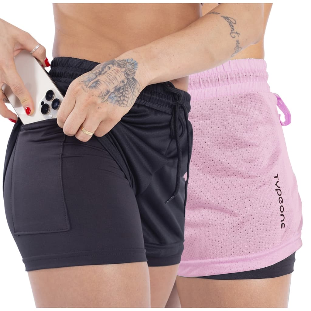 Kit 2 Bermuda Duplo Feminino 2 em 1 Esportivo Academia CrossFit Bolso Oculto Para Celular