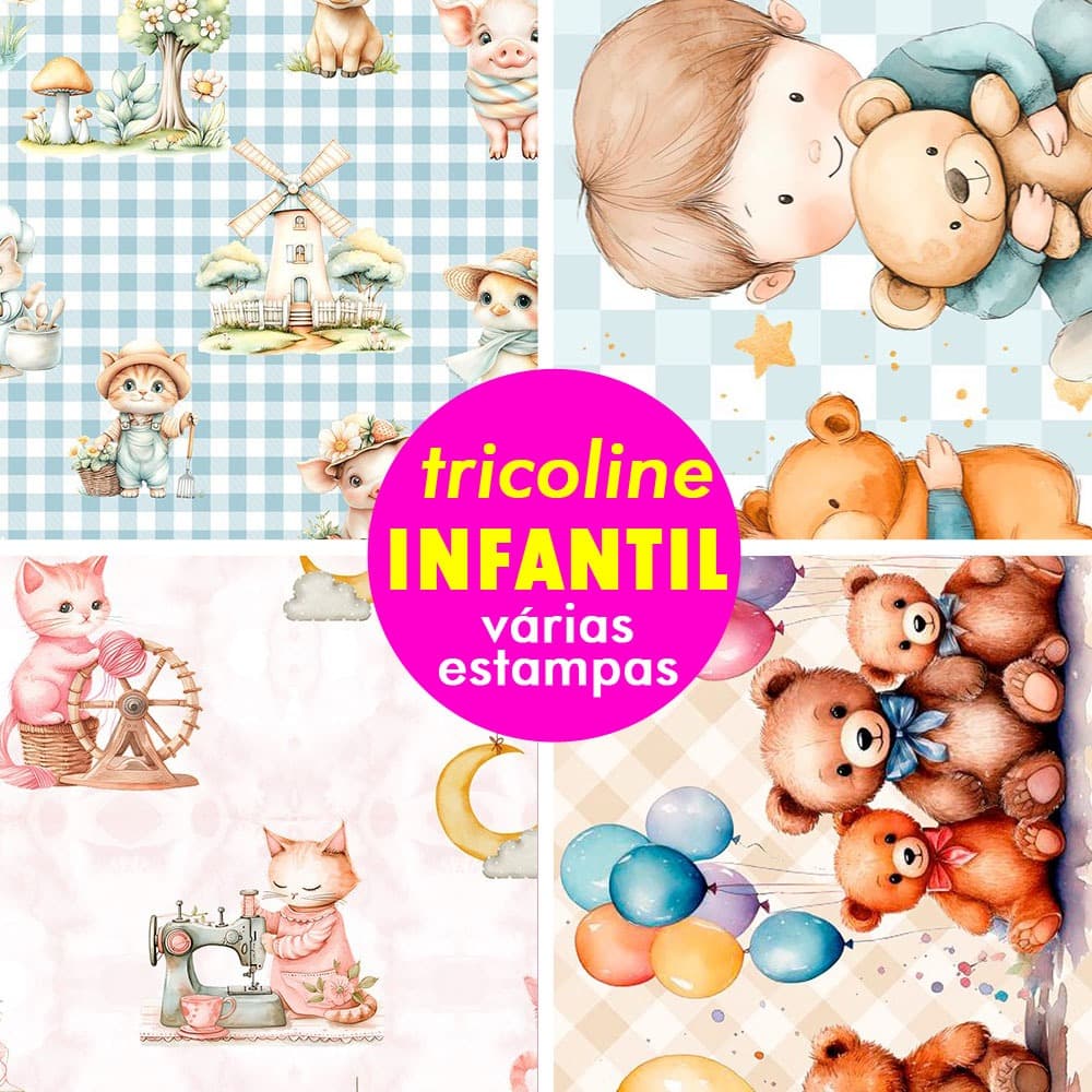 Tecido Tricoline Digital 100% Algodão (0,50mt x 1,50mt) Estampa Infantil