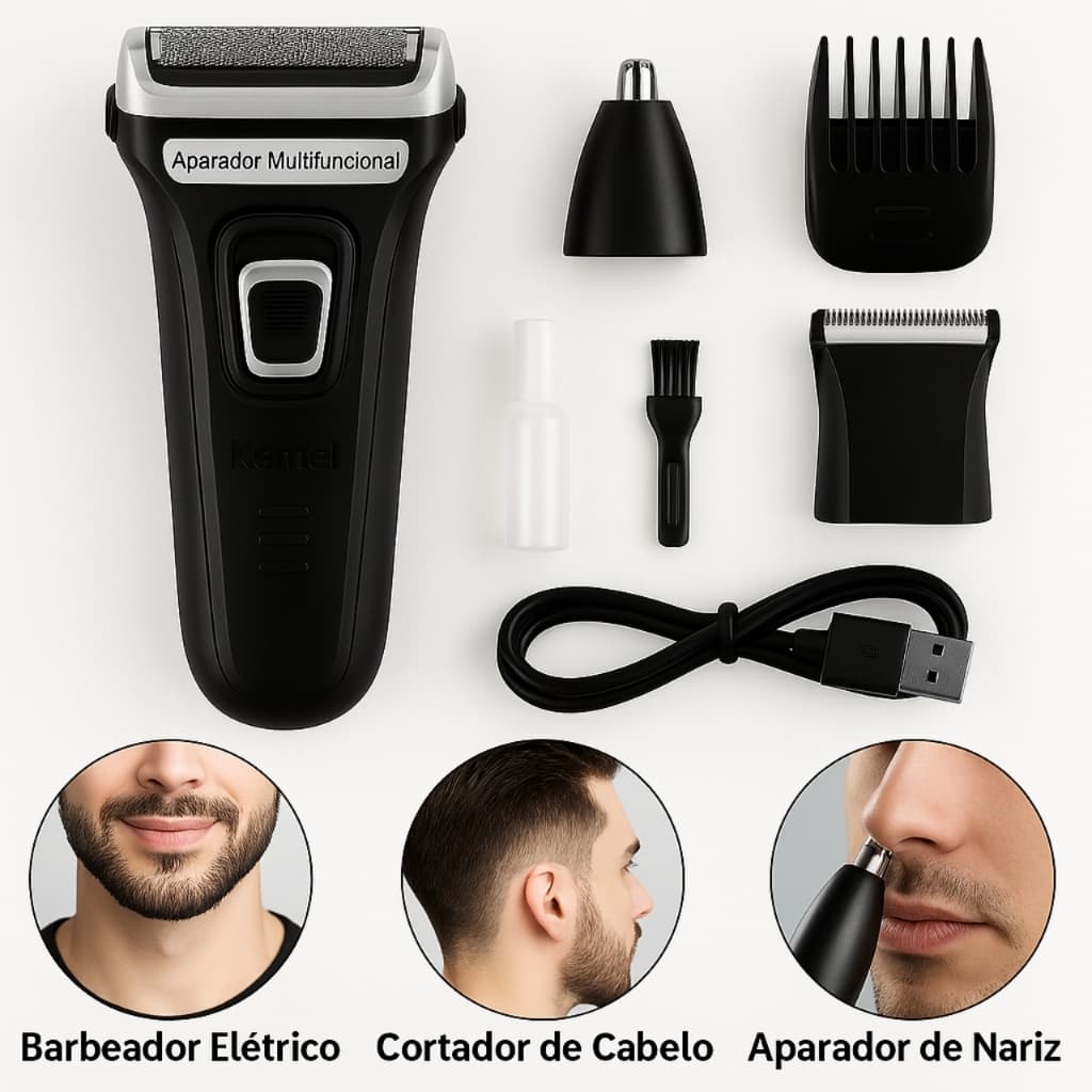 Maquina Barbear 3 em 1 Shaver Kemei KM-6558 Nariz Barba Pelos e Corpo