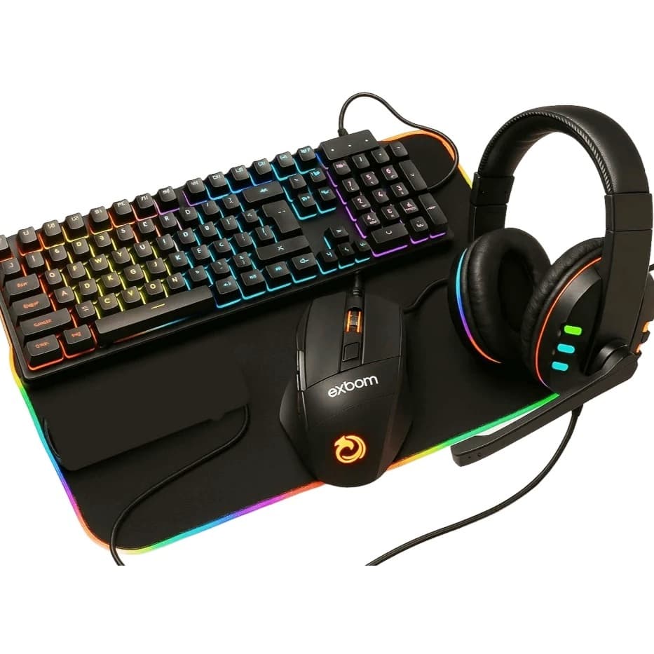 Kit Gamer Teclado Semi-mecânico RGB, Mouse RGB, MousePad LED Preto, Mousepad Mundo, Headphone Fone