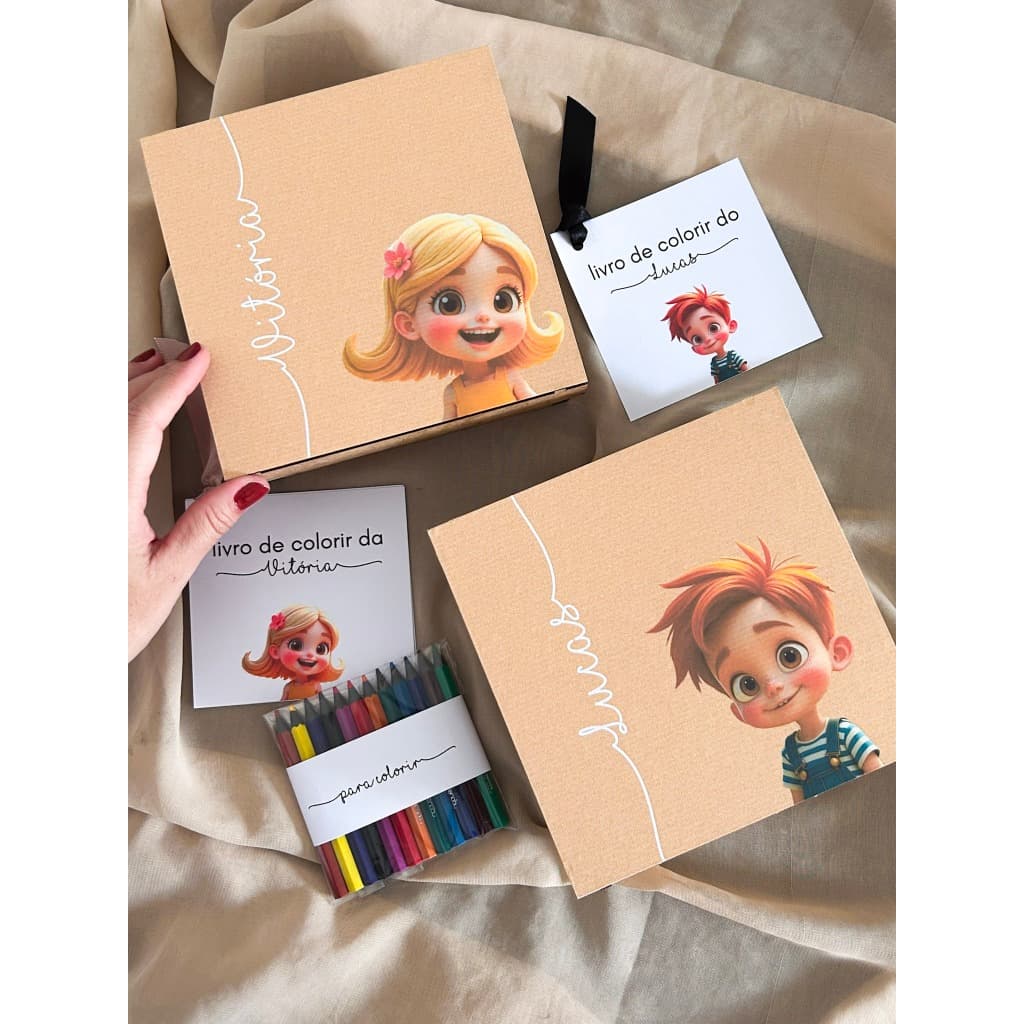 Caixa MDF Personalizada para Crianças damas e pajens casamento e outros com lápis, giz de colorir e livro