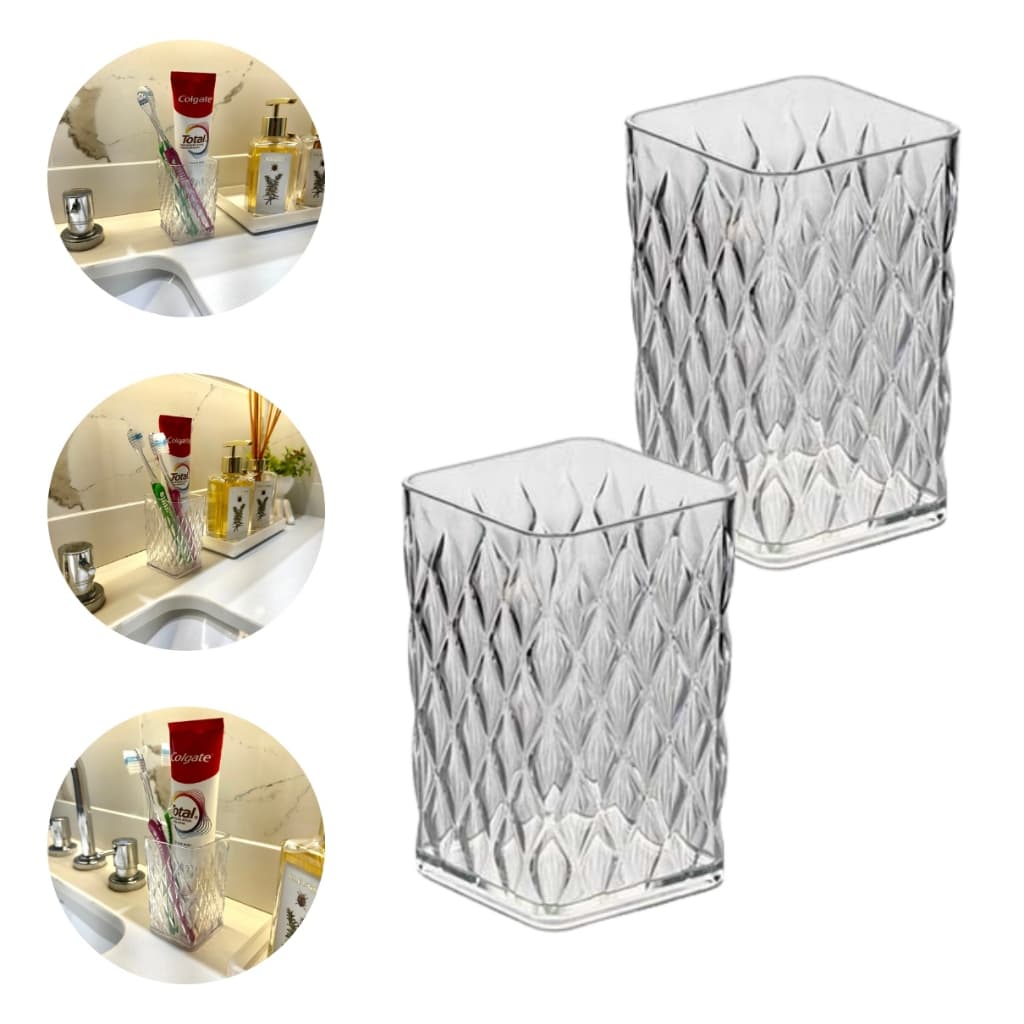 Kit 2 Porta Escovas e Creme Dental Transparente Organizador de Maquiagem Escritório Glamour Plasútil