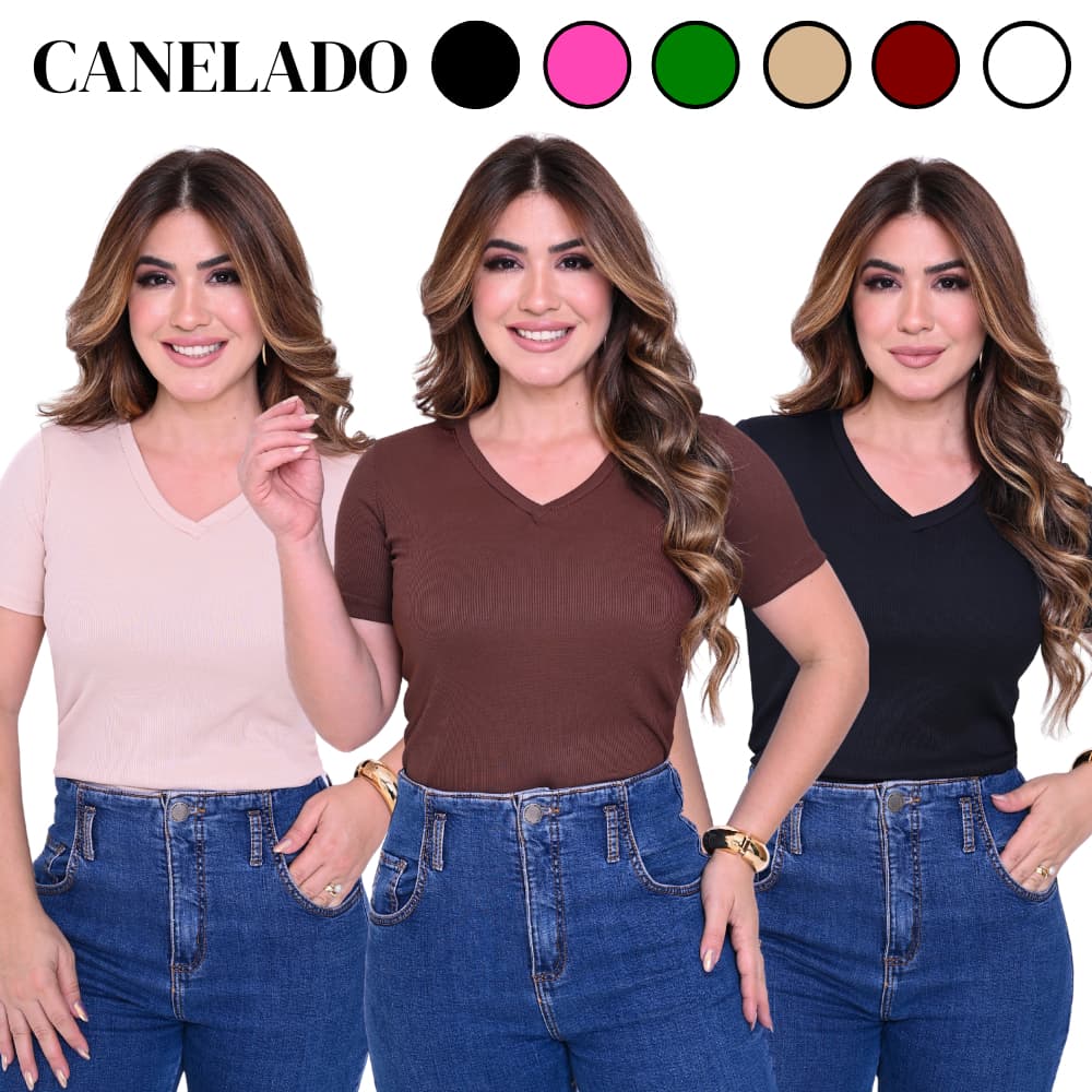 KIT 3 T-SHIRT GOLA V CANELADO COM MANGA FEMININO BLUSA COM DECOTE