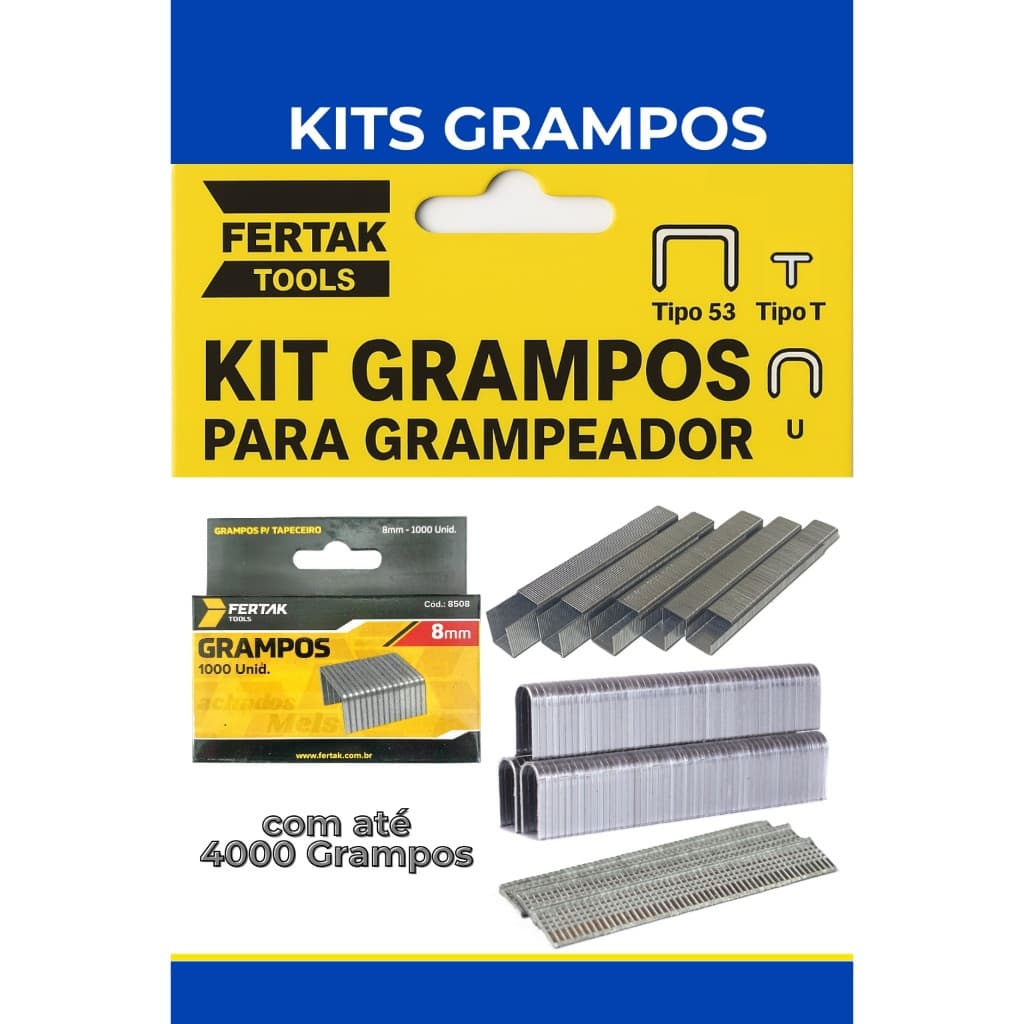 Kit Grampos para Grampeador Tapeceiro Tipo 53 T U Aço Galvanizado Fertak 1000 a 4000 Grampos