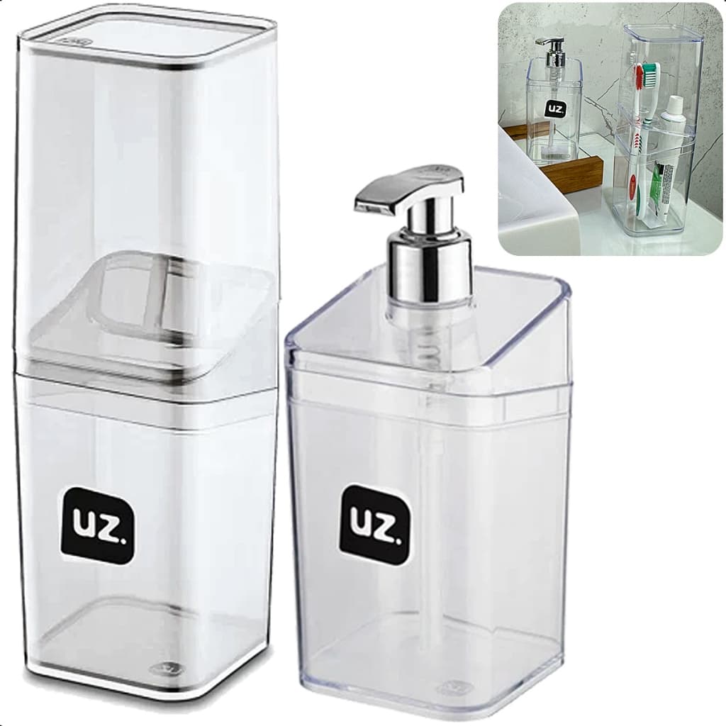 KIT 2 PEÇAS BANHEIRO LAVABO PORTA ESCOVA DENTAL E PORTA SABONETE LIQUIDO TRANSPARENTE UZ