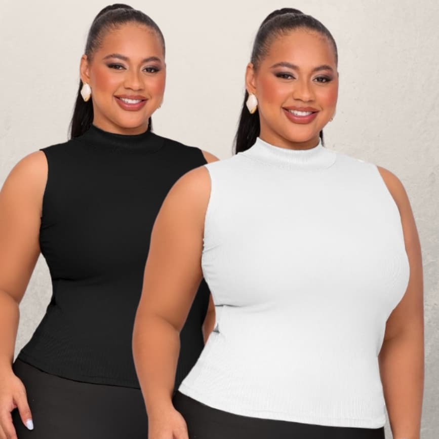 Kit 2 Blusa Regata Feminina Plus Size Gola Alta Canelada GG ao G3