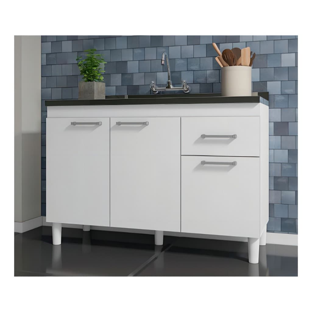 Balcão de Cozinha Pia de 120cm Sem Tampo Suiça POP SHARK MOVEIS 3 Portas 1 Gaveta