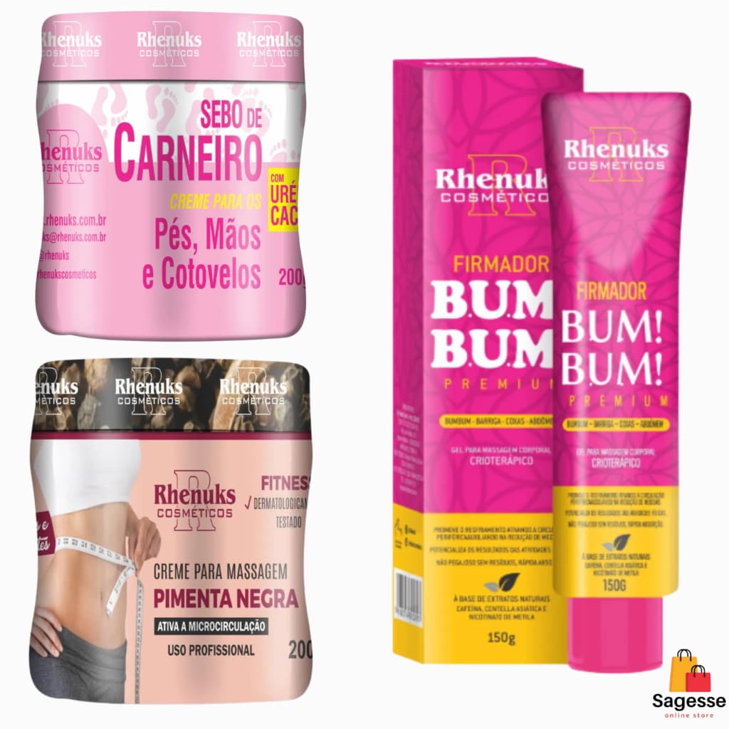 Kit com Sebo de Carneiro + Creme para Massagem Pimenta Negra + Firmador Bum Bum - Rhenuks