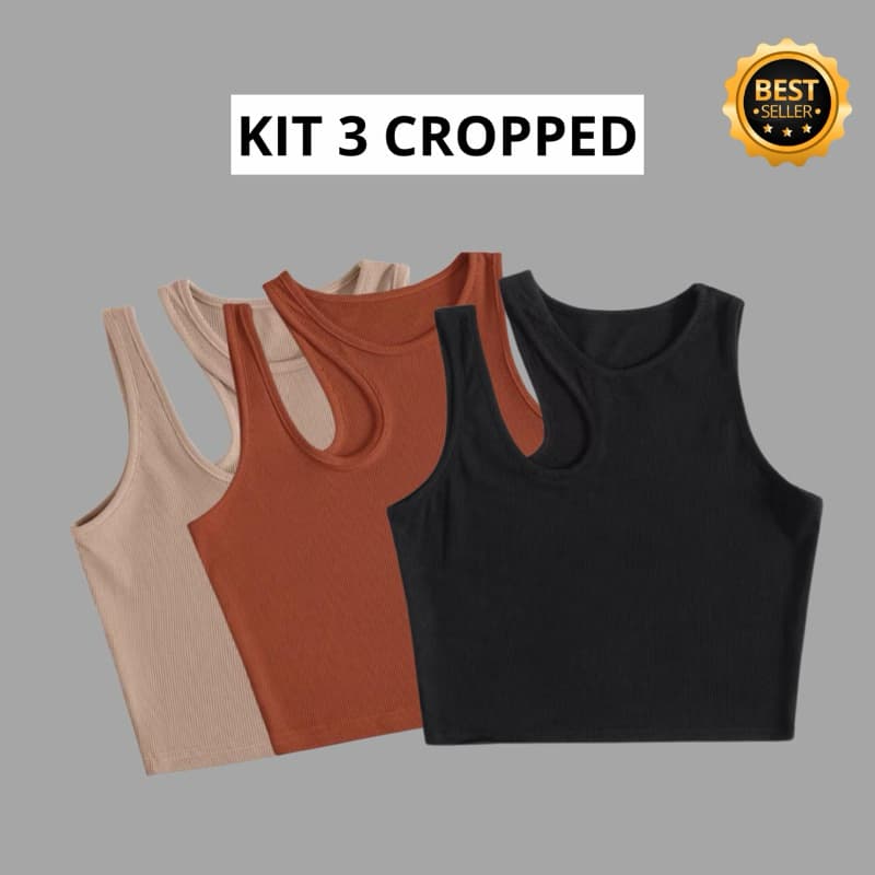 Hiper Kit 3 Cropped Top Feminino Canelado Com 2 Alças
