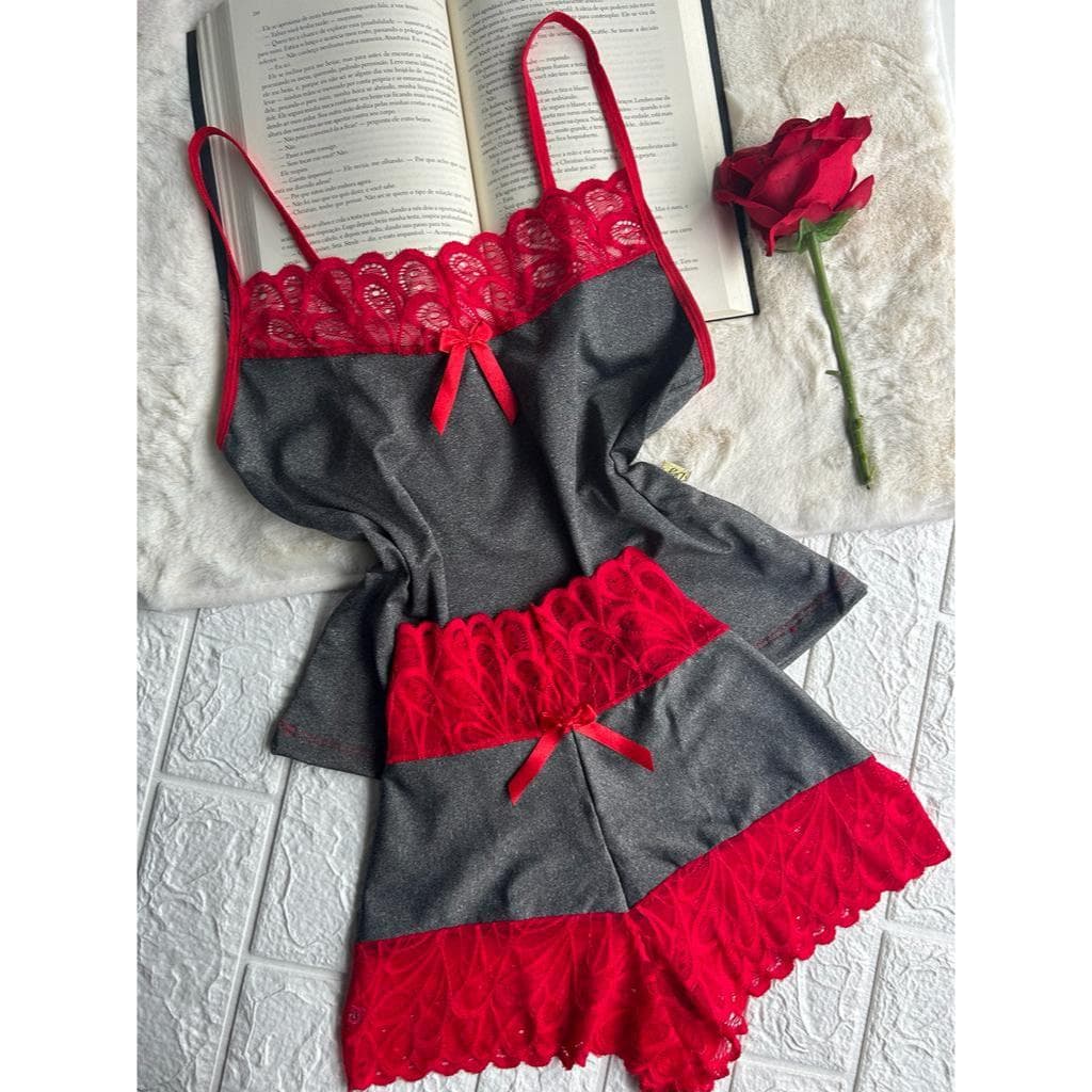 Baby Doll de Renda Romantic Camisete Short Curto Dormir Bicolor Feminino Pijama Moda Lingerie