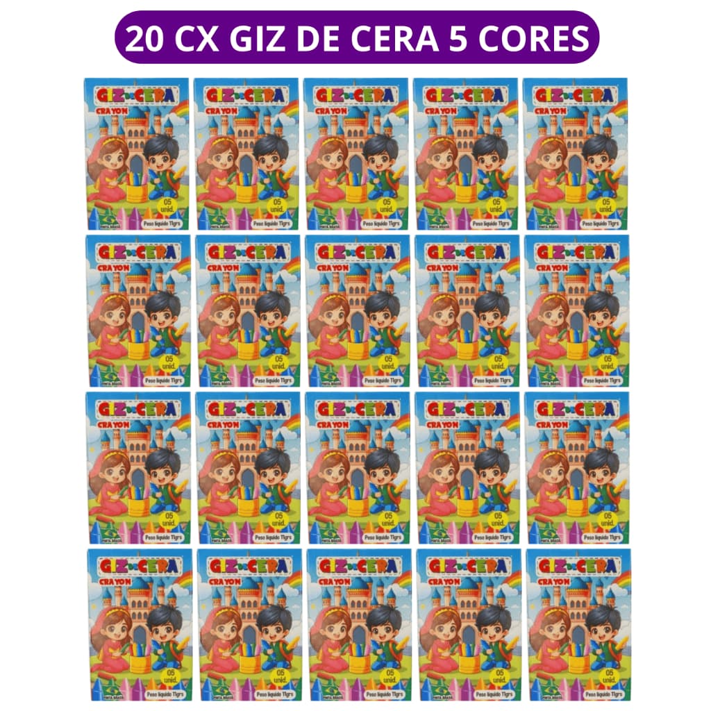 20 cx Mini Giz de Cera 5 Cores P/ Kit Festa Lembrancinha Artesanato Infantil