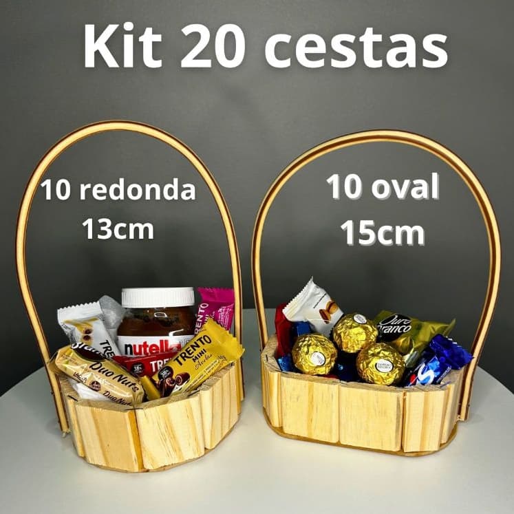 Kit 20 Cestas de madeira Fraldeira Pinus 10 oval + 10 Redonda Com Alça para presente