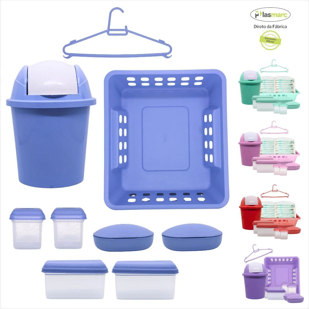 Conjunto Baby Com Cestinho Para Fraldas Lixeirinha Potinhos Para Pomadas Saboneteira e Cabides