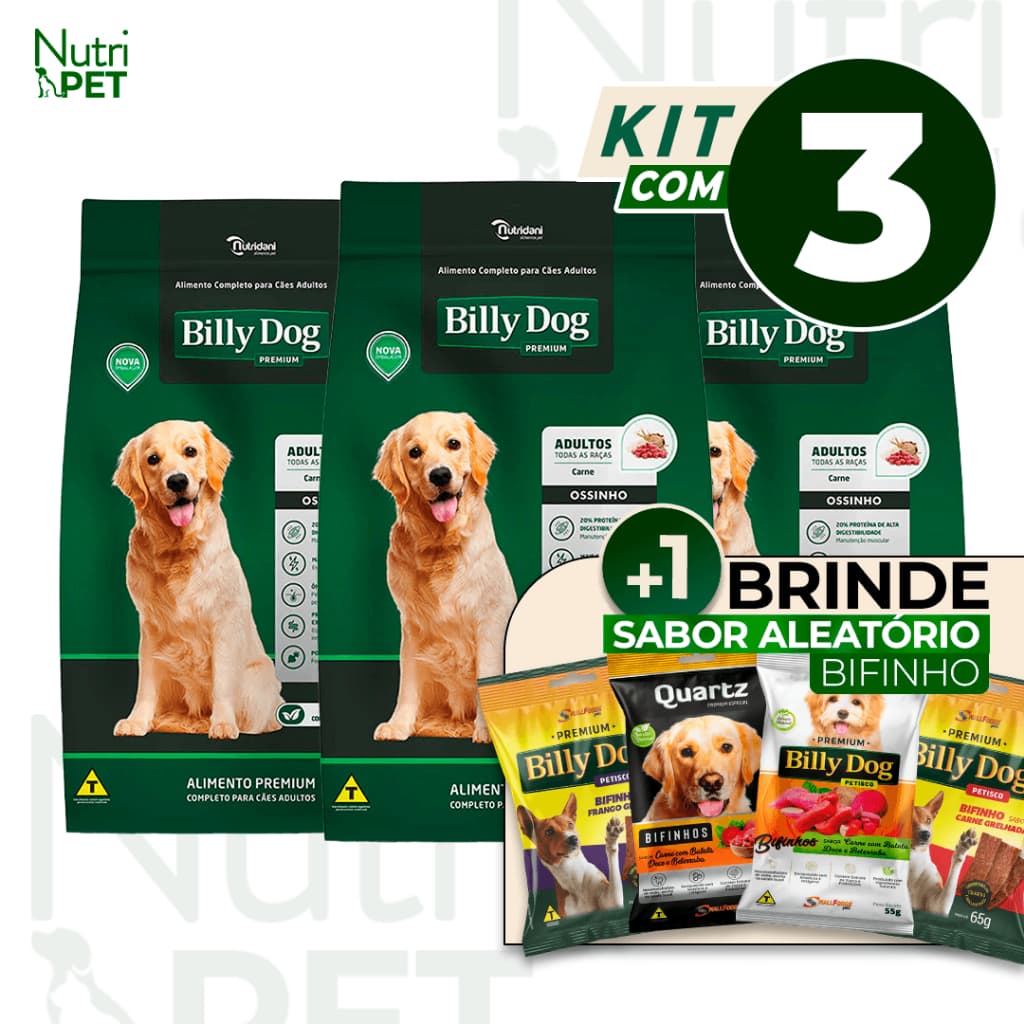 KIT com 3 Ração Billy Dog Adultos Ossinhos Carne