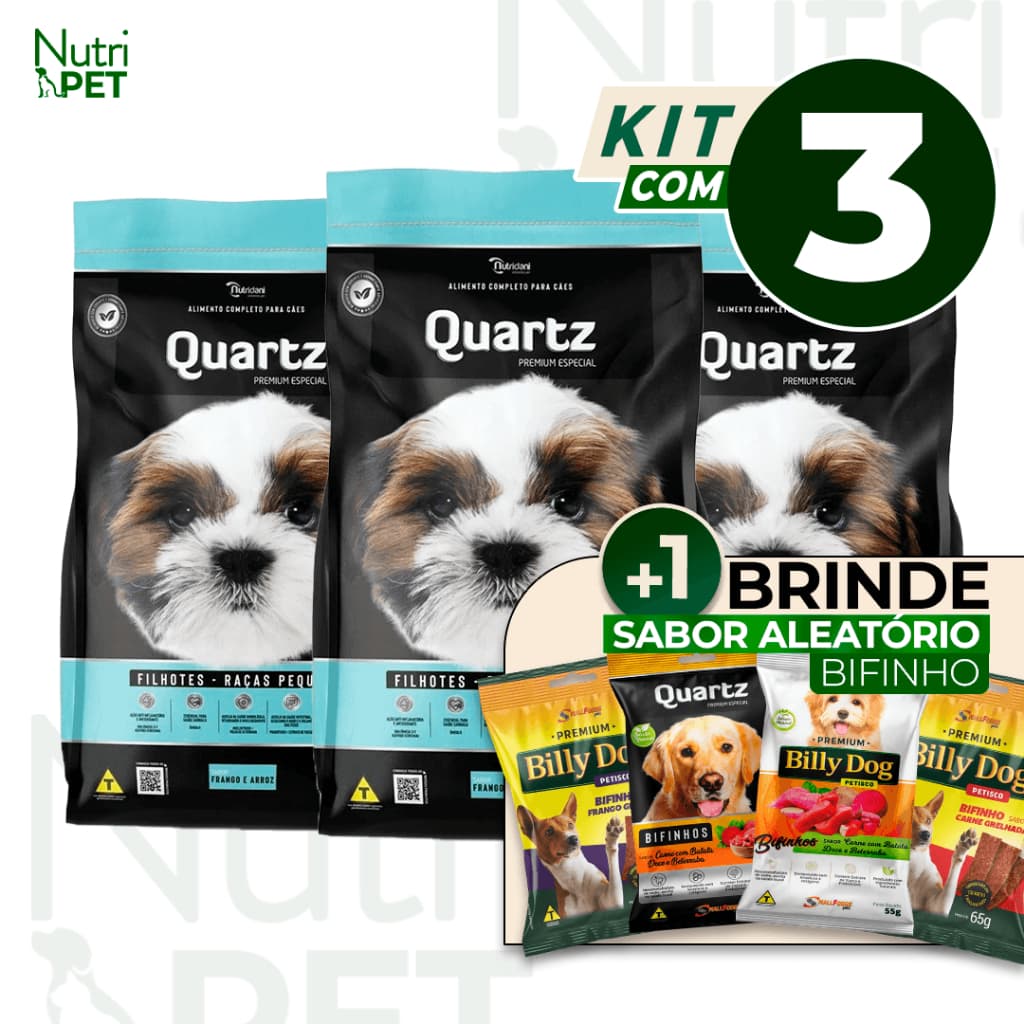 KIT com 3Kgs Ração Quartz Cães Filhotes Raças Pequenas