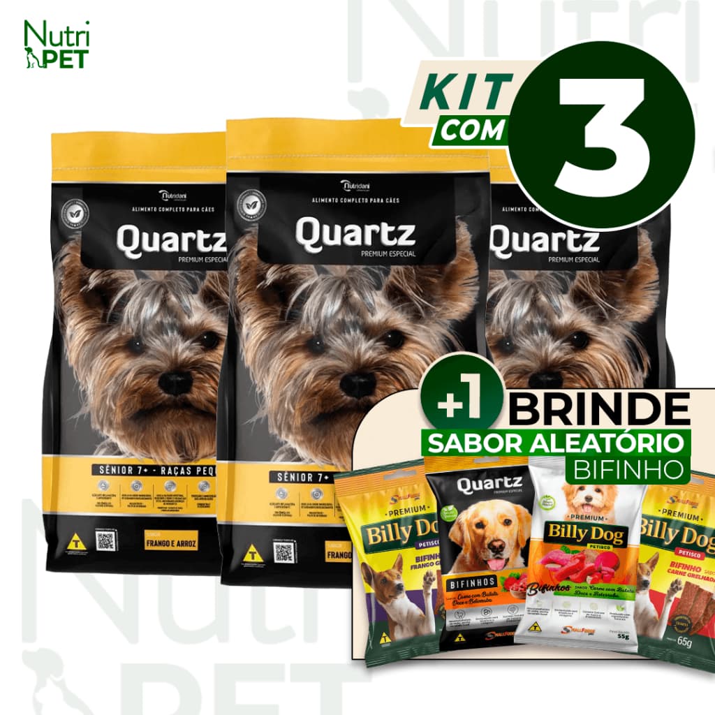 KIT 3 Ração Quartz Cães Sênior Raças Pequenas Frango Arroz 1kg