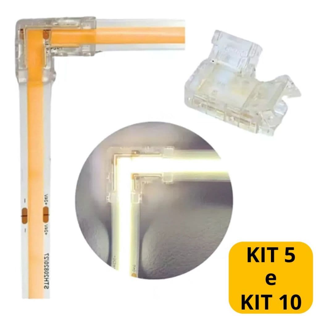 KIT 5/10 Emenda Para Fita Cob LED Curva 90° Conector em L Sem Solda Para Fitas 8mm