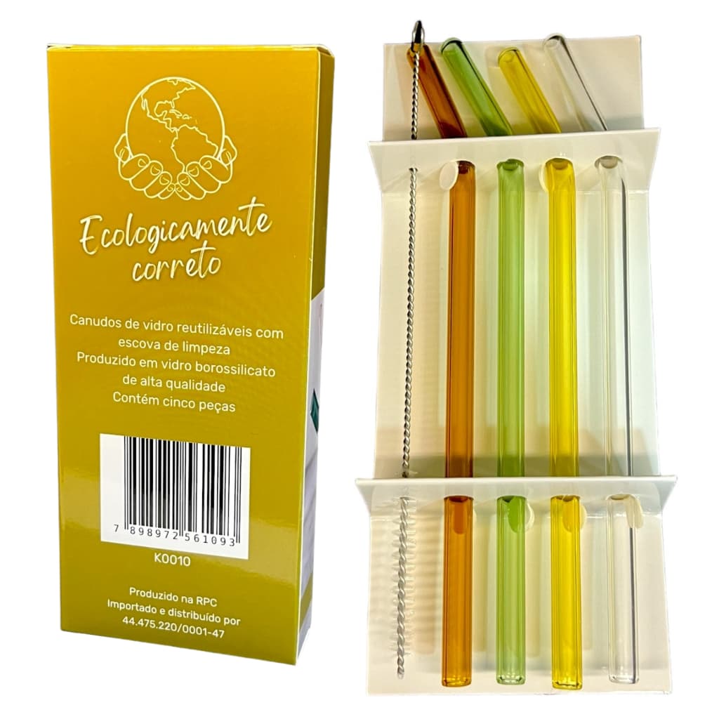 Canudos Reutilizáveis Kit 4 Vidro Colorido +1 escova limpeza